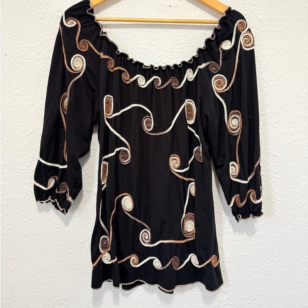 Off the Shoulder Boho Top Embroidered Swirl Peasant Ren Faire 3D Knit Blouse